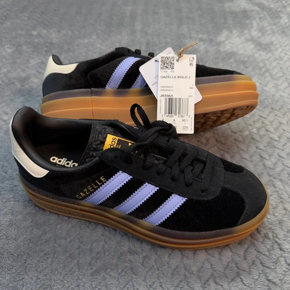NWT Adidas Gazelle Bold J 4.5 Black Purple Platform Suede Sneakers JR5965